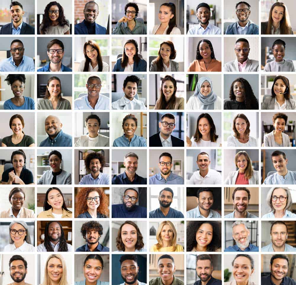 64 diverse people from different cultures. Headshots in grid.